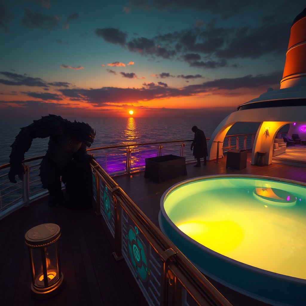 Fantasy cruise deck at sunset